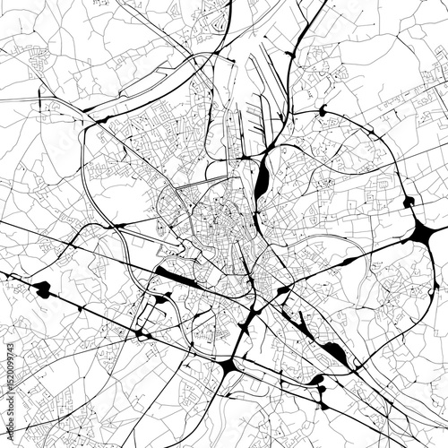 Monochrome city map with road and train network of	Gent, Belgium