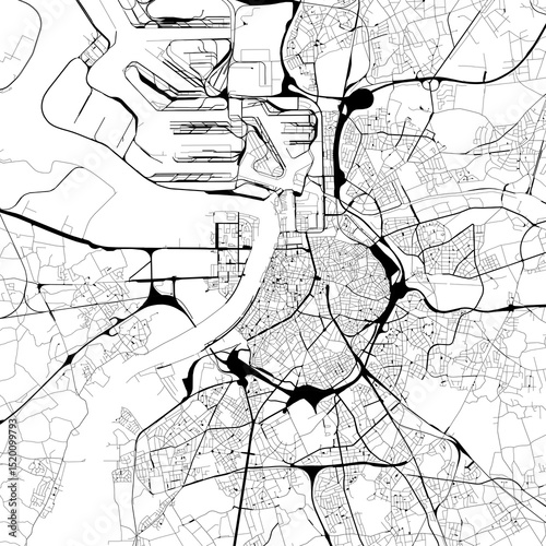 Monochrome city map with road and train network of	Antwerp, Belgium