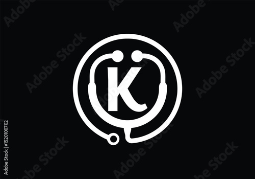 Initial K monogram alphabet with doctor stethoscope. Vector stethoscope logo. Logo for medical and pharmaceutical business. 