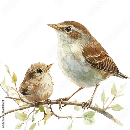 watercolor of A Mother Wren With Her Kid, vector high quality, isolated on a white background.