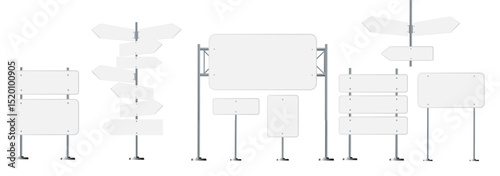 Road, traffic signs. Highway signboard on metal pole. Blank white board with place for text. Directional signage and way finder. information sign vector mockup.