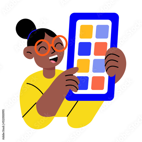 A flat style illustration of a person showing a person using mobile interface 

