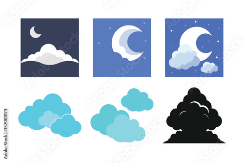 Vector set of weather forecast icons featuring clouds, sun, rain, snow, lightning, and moon symbols for meteorology designVector set of weather forecast icons featuring clouds, sun, rain, snow, lightn