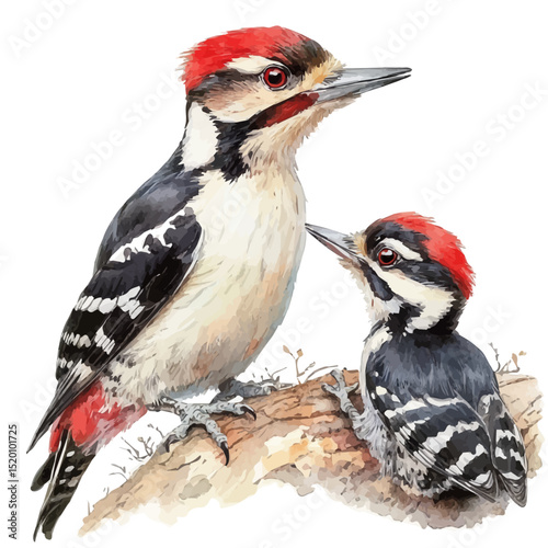 watercolor vector of A Mother Woodpecker With Her Kid, high quality, isolated on a white background.