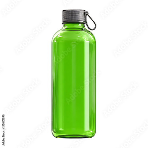 Bright green glass reusable water bottle isolated on a white background for hydration