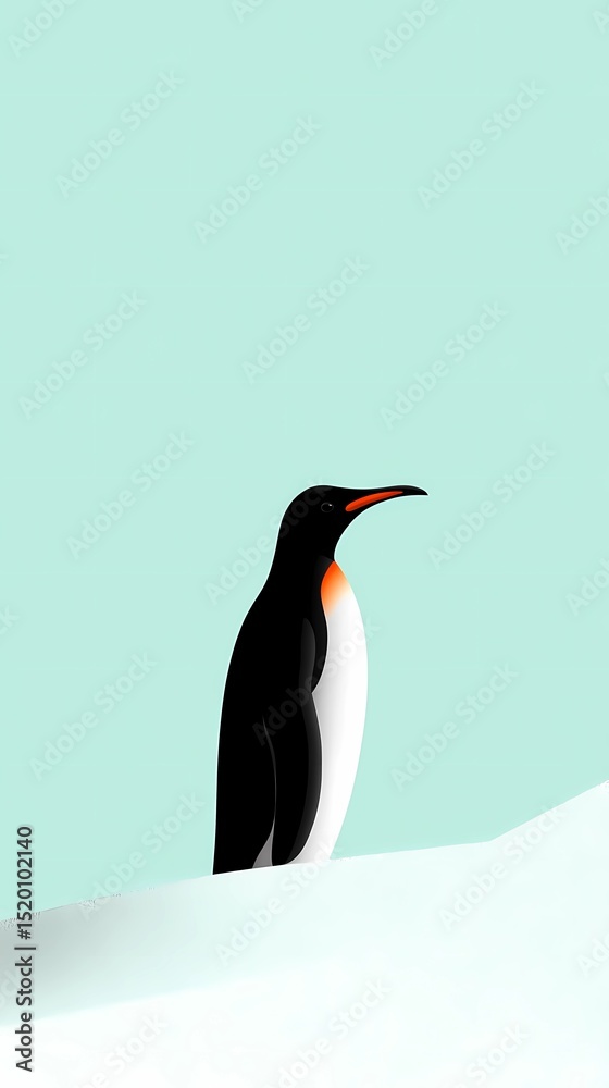 Fototapeta premium A charming minimalist illustration featuring a black and white penguin with a distinctive orange chest patch, standing against a soothing pastel blue background. This clean design with ample white