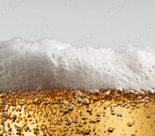 Close up view of frothy beer overflowing with bubbly texture and white foam details.