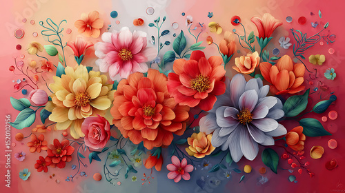 Colorful floral arrangement of various flowers against a soft gradient background