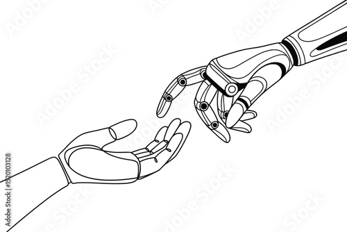Human and Robot Hand Connection Line Art, Futuristic Technology Concept.
