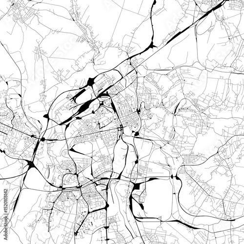 Monochrome city map with road and train network of	Ostrava, Czechia