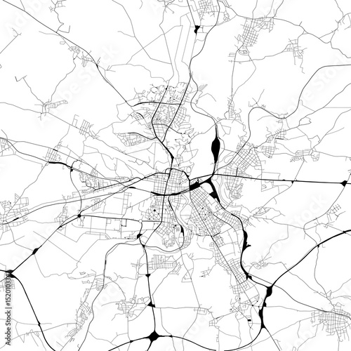 Monochrome city map with road and train network of	Plzen, Czechia