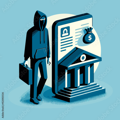 Man in hoodie walking past bank with money symbol and identity card