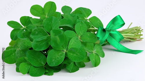 A bouquet of green clover leaves tied with a ribbon