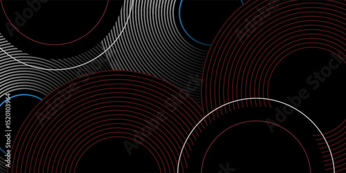 Abstract grey and red circle line vector on dark background. Modern simple overlap circle lines texture creative design. Suit for poster, cover, banner, flyer, brochure, presentation, website
