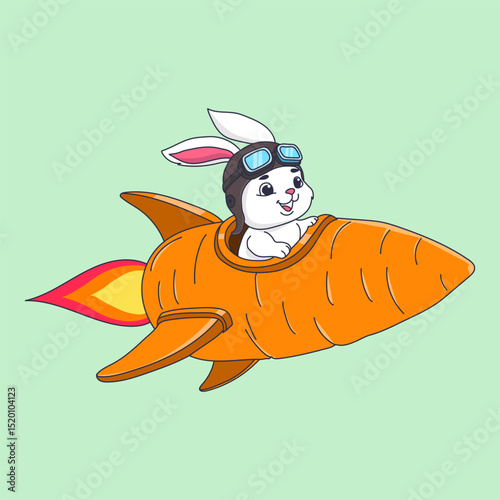 Cute Rabbit Riding Carrot Rocket Cartoon Vector Illustration