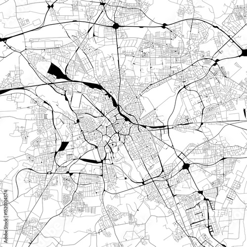 Monochrome city map with road and train network of	Hannover, Germany