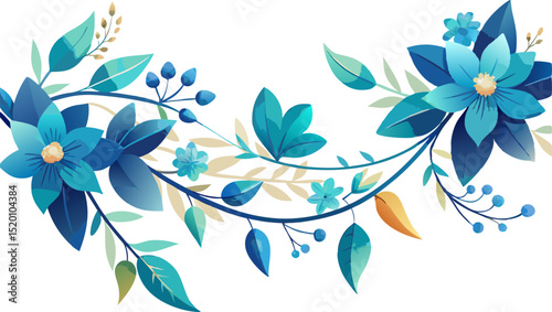 Elegant horizontal garland with ocean blue blossoms and teal vines, on white background. abstract floral background