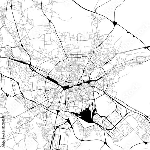 Monochrome city map with road and train network of	Nürnberg, Germany