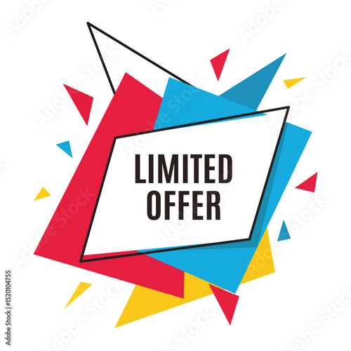 Limited offer creative banner tag with colorful abstract shapes, ideal for sales promotions and marketing campaigns.