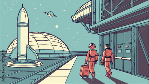 Retro futuristic space travel illustration with astronauts rocket and ufo for science fiction fans