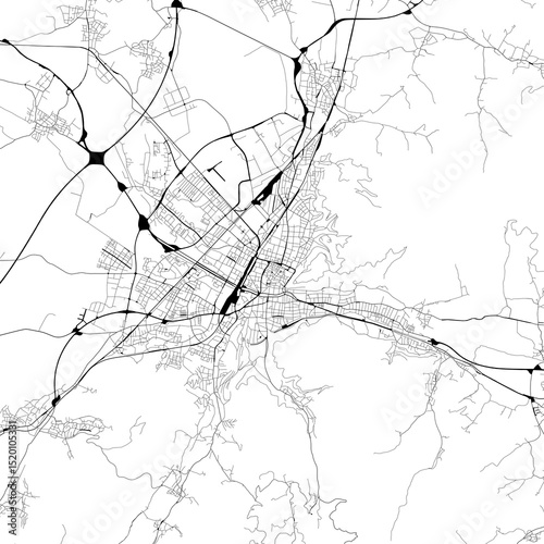 Monochrome city map with road and train network of	Freiburg, Germany