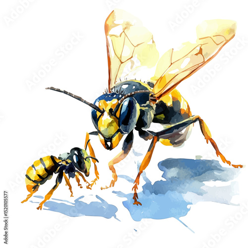 A Mother Wasp With Her Kid, watercolor clipart vector, high quality, isolated on a white background.