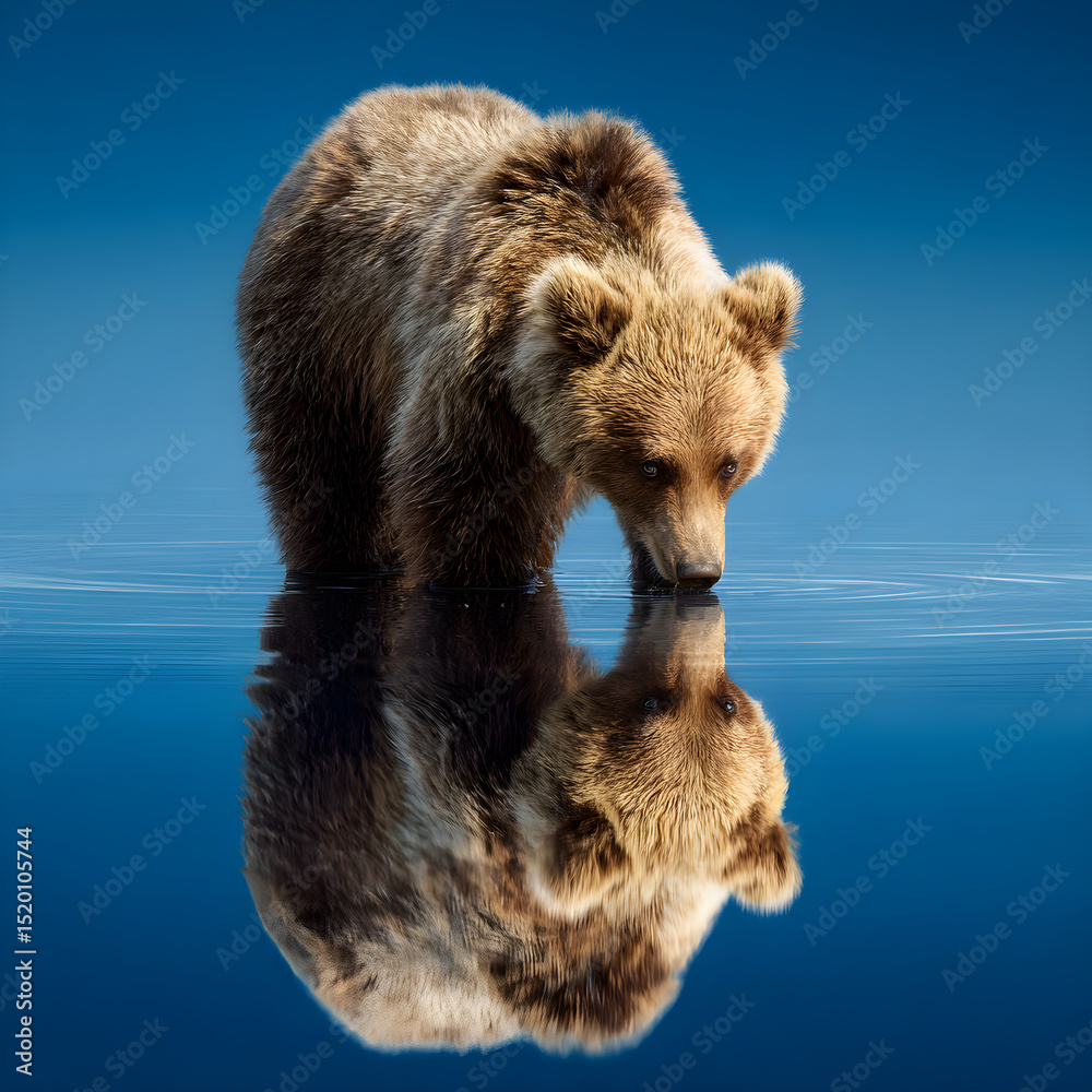Obraz premium A brown bear drinks from the water with a reflection of itself on the surface of the water below it