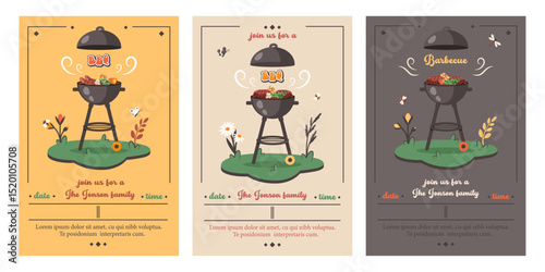 Set of BBQ card in cartoon style. Barbecue party. Summer picnic. Summer barbecue picnic. Bbq background with grill, steaks, meat food, vegetables, cutlery, text. Vector cartoon illustration