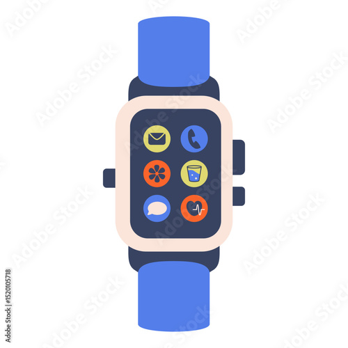 Hand watch Smartwatch icon set. Universal Smartwatch with Square watch screen and blue strap. Fashion Digital watch with app icons. Fitness tracker. Modern smart gadget top view. Vector illustration