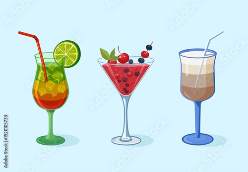 Set of summer drinks with straws and ice cubes. Lemonade, martini and iced coffee. Vector illustration on light blue background. For bar/cafetheme, menu design.