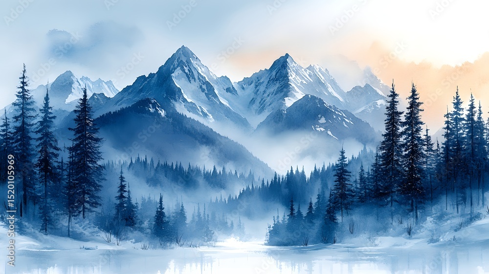 Fototapeta premium Watercolor landscape painting of Alaska mountains