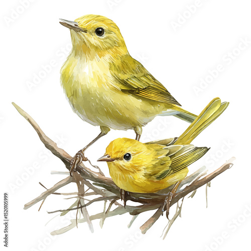 watercolor vector of A Mother Warbler With Her Kid, high quality, isolated on a white background.