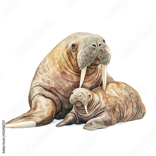A Mother Walrus With Her Kid, watercolor vector, high quality, isolated on a white background.