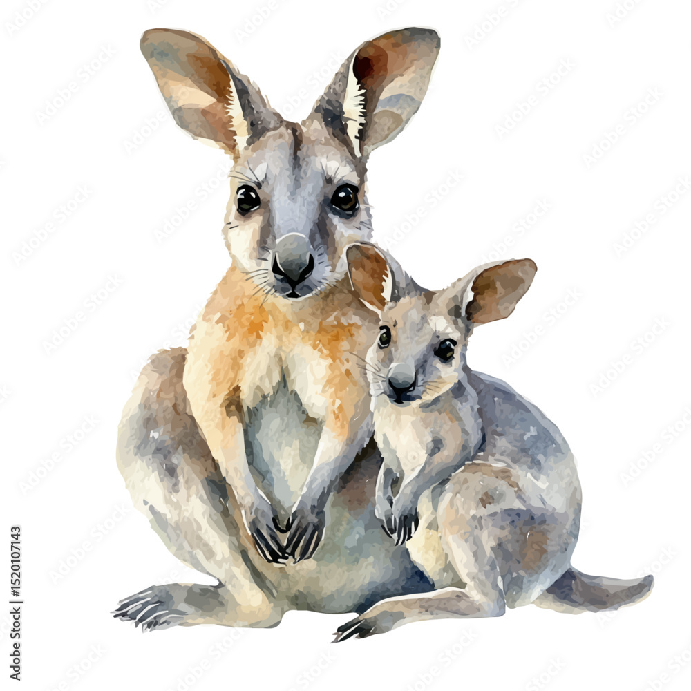 A Mother Wallaby With Her Kid, watercolor vector, high quality, isolated on a white background.