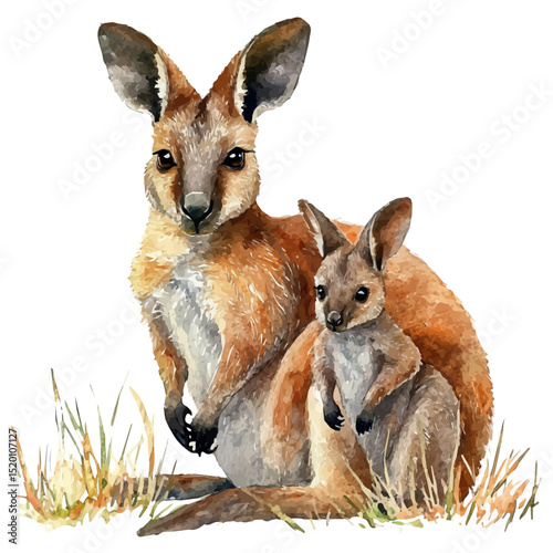 A Mother Wallaby With Her Kid, watercolor drawing vector, high quality, isolated on a white background.