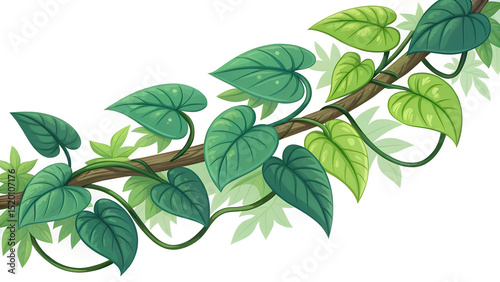 Cartoon illustration of a tropical vine with green heart-shaped leaves winding around a brown branch, isolated on white background