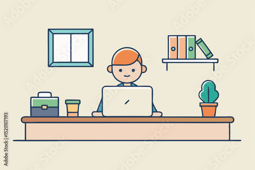 Simple office workspace, person working on laptop, desk with briefcase, cup, plant, window, bookshelf, minimalist office concept, daily work routine, professional environment.