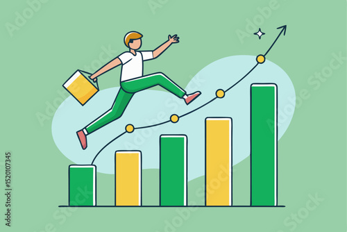 Career growth, business progress, data achievement, professional success, person jumping graph, revenue increase, work goal, efficiency rise, development strategy, ambition.