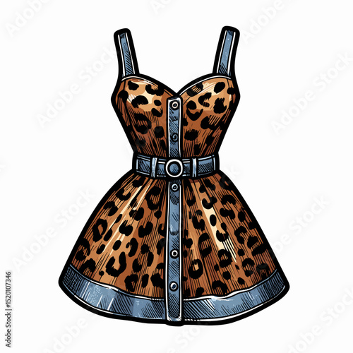 Leopard print dress with denim accents