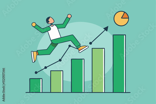 Business growth, data breakthrough, professional success, person jumping graph, revenue rise, work goal, efficiency improvement, development strategy, ambition achievement, progress.