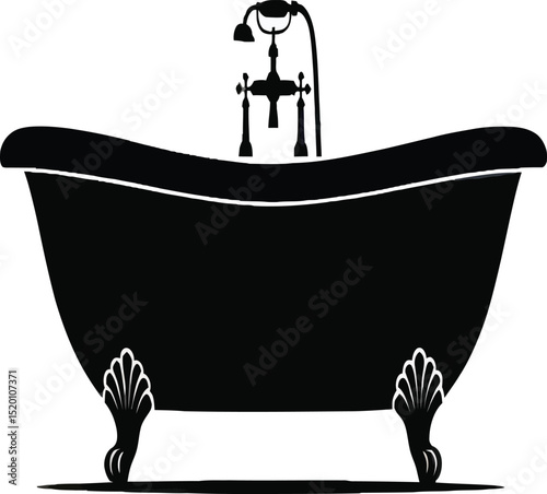 Elegant clawfoot bathtub silhouette with vintage faucet design perfect for bathroom decor, home design projects, and interior illustrations