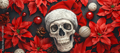 Festive christmas composition with skull wearing santa claus hat among red poinsettias