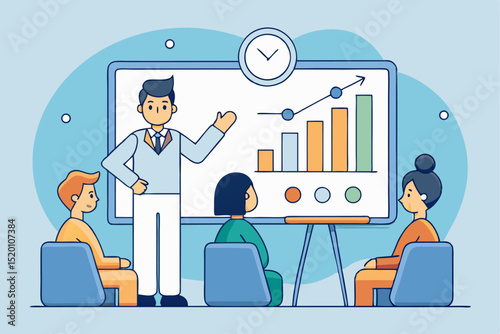 Business team report, board explanation, data graph, professional meeting, person presenting, project collaboration, colleague work, goal communication, work strategy, efficiency.