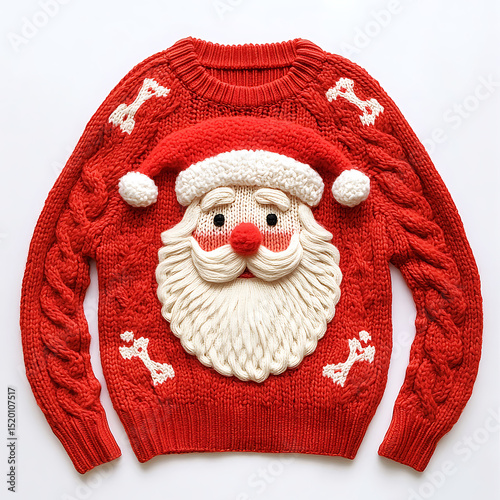 Festive red christmas sweater featuring santa claus and bone design elements for holiday cheer