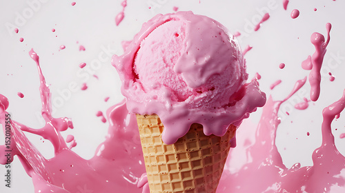 Delicious pink ice cream scoop dripping with melted ice cream in a waffle cone