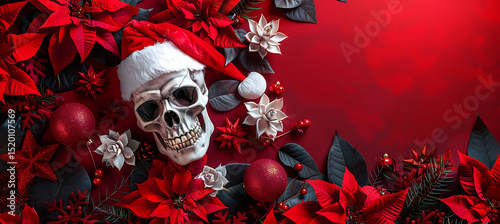 Festive skull wearing santa hat surrounded by christmas decorations in deep red