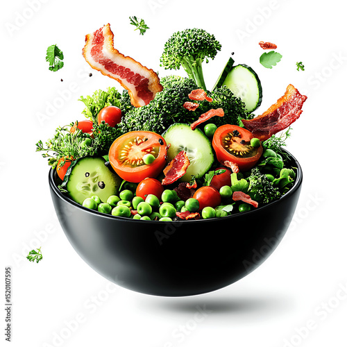 Fresh and colorful salad bowl with floating vegetables and crispy bacon against white background