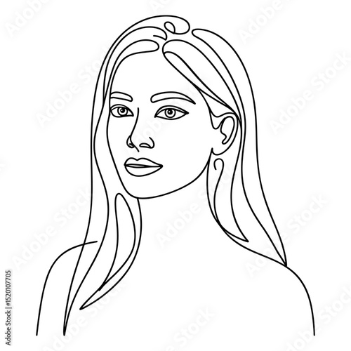 Black and white continuous line vector illustration of a woman with long hair