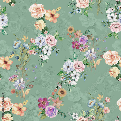 Modern floral repeat pattern with abstract style flowers
