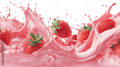 Fresh strawberries bursting through pink milk creating a delicious splash and refreshing composition